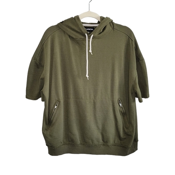 Carbon Women's Army Green Floral Embroidered Short Sleeve Pullover Hoodie Size M - Picture 1 of 9